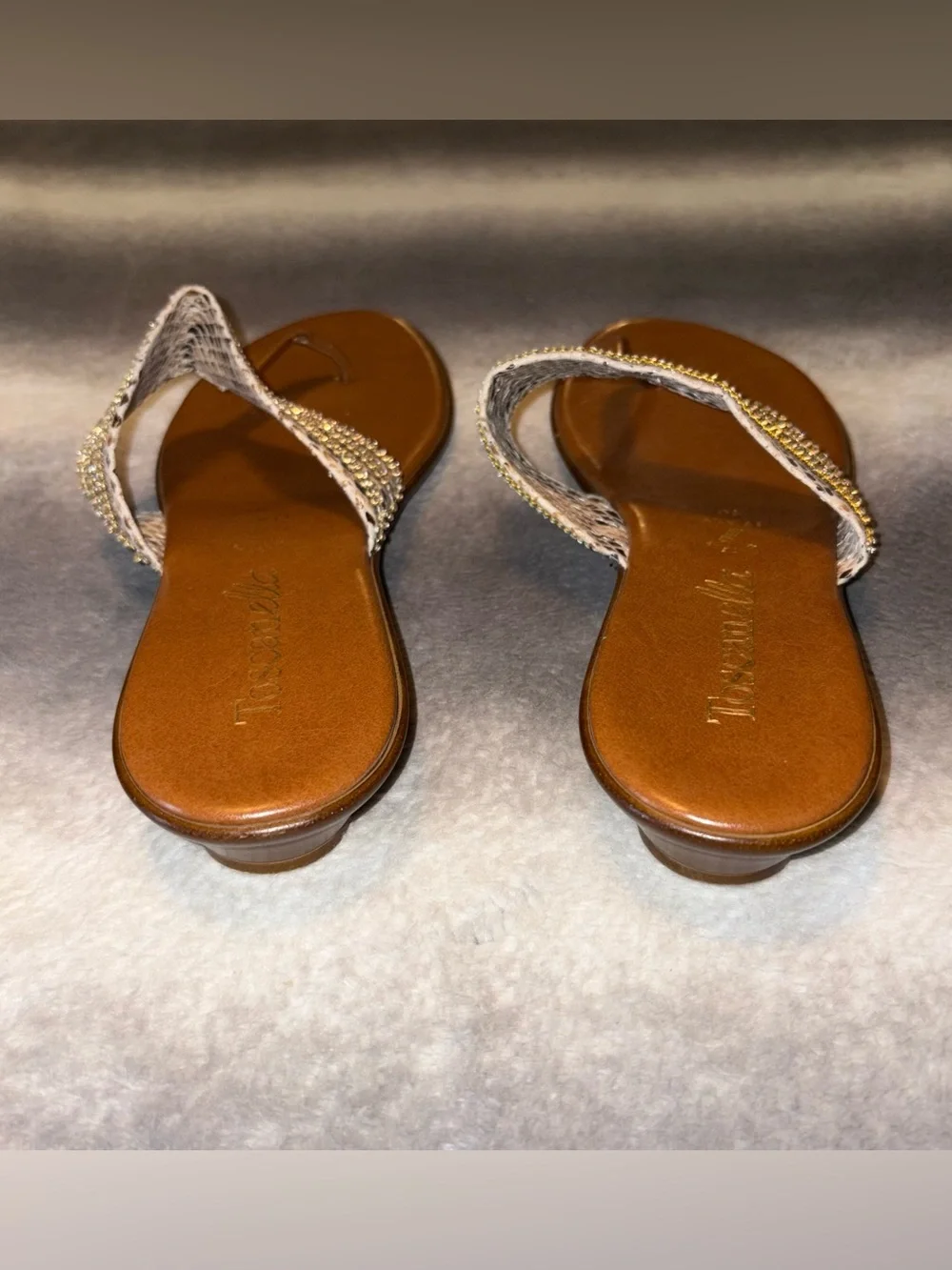 Toscanella Brown Leather Snakeskin Rhinestone Thong Sandals Sz 10 Made in Italy